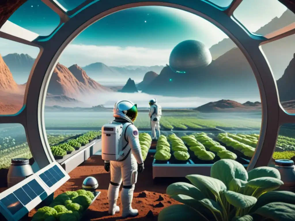 Futurista colonia espacial en otro planeta con innovadora alimentación en otros planetas