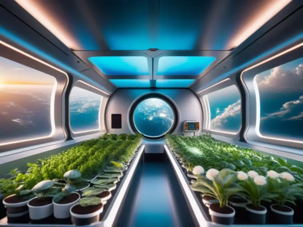 Un jardín hidropónico futurista en una estación espacial, con plantas vibrantes y astronautas en gravedad cero