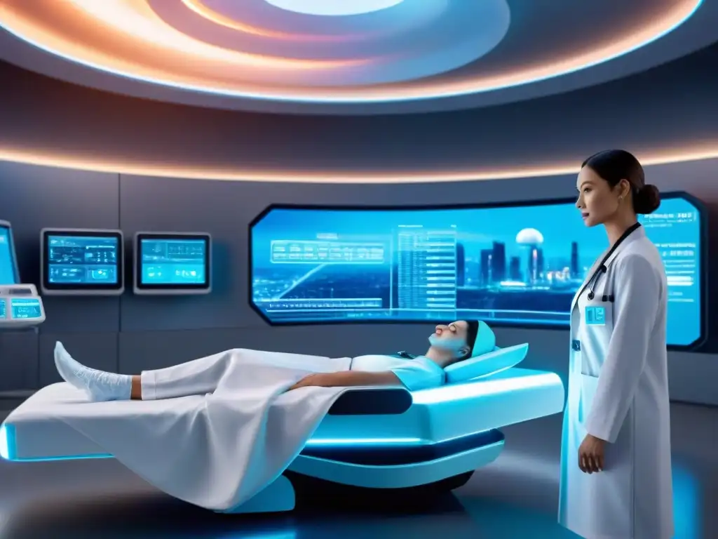 Futurista hospital con tecnología avanzada y personal médico en uniformes innovadores, medicina del futuro ciencia ficción