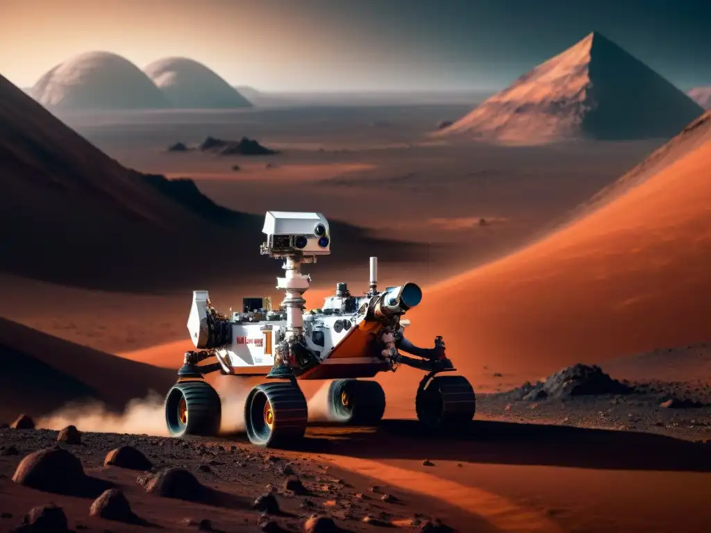 Exploración en Marte con rover futurista y paisaje marciano, resaltando sinergia robótica espacial vehículos autónomos