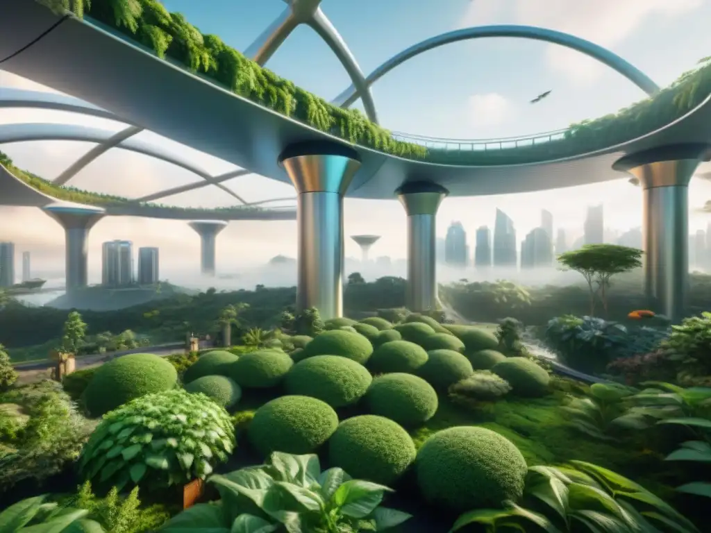 Futurista ciudad eco con rascacielos ecológicos, naturaleza exuberante y tecnología avanzada