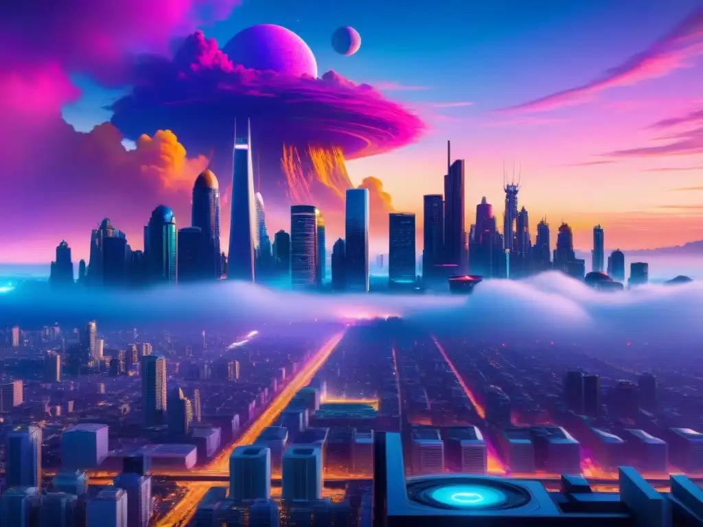 Un futurista y vibrante paisaje urbano en un planeta alienígena, fusionando seres alienígenas y humanos en una ciudad avanzada