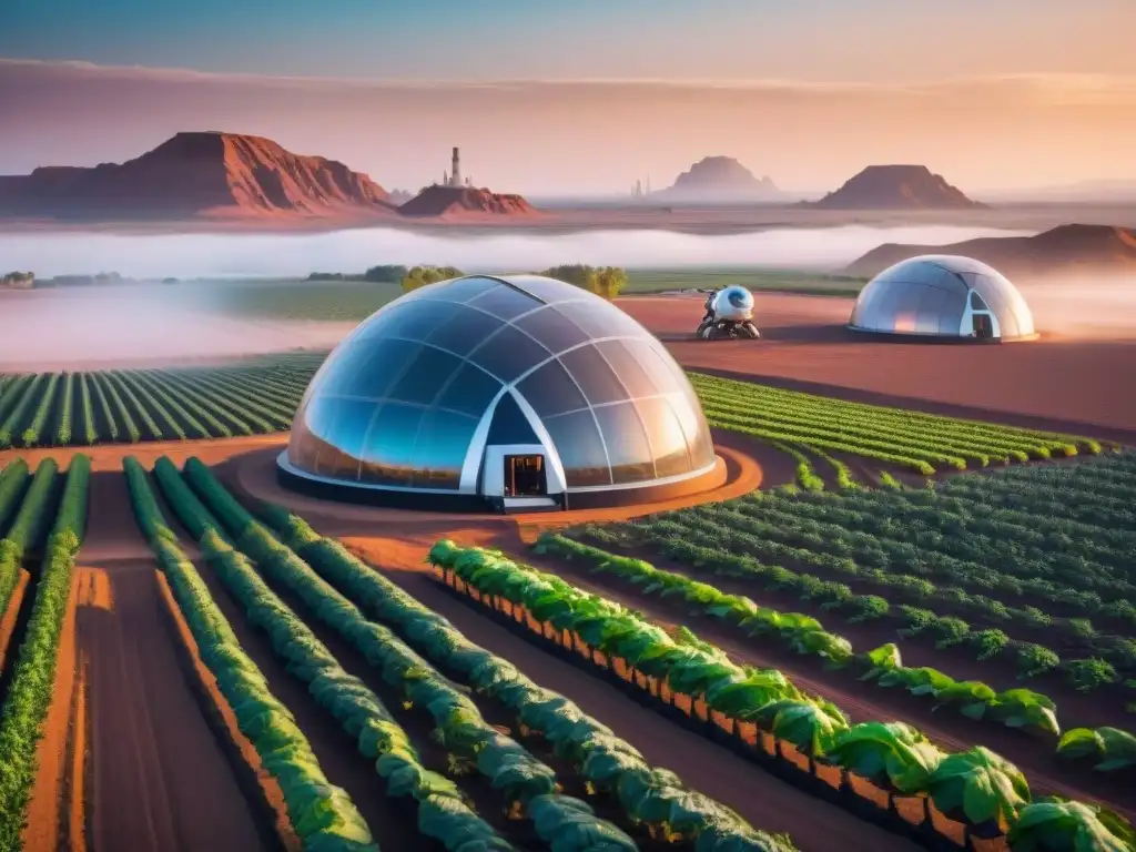 Futuristas robots agricultores en Marte cosechando bajo cúpulas transparentes, con estación espacial al fondo