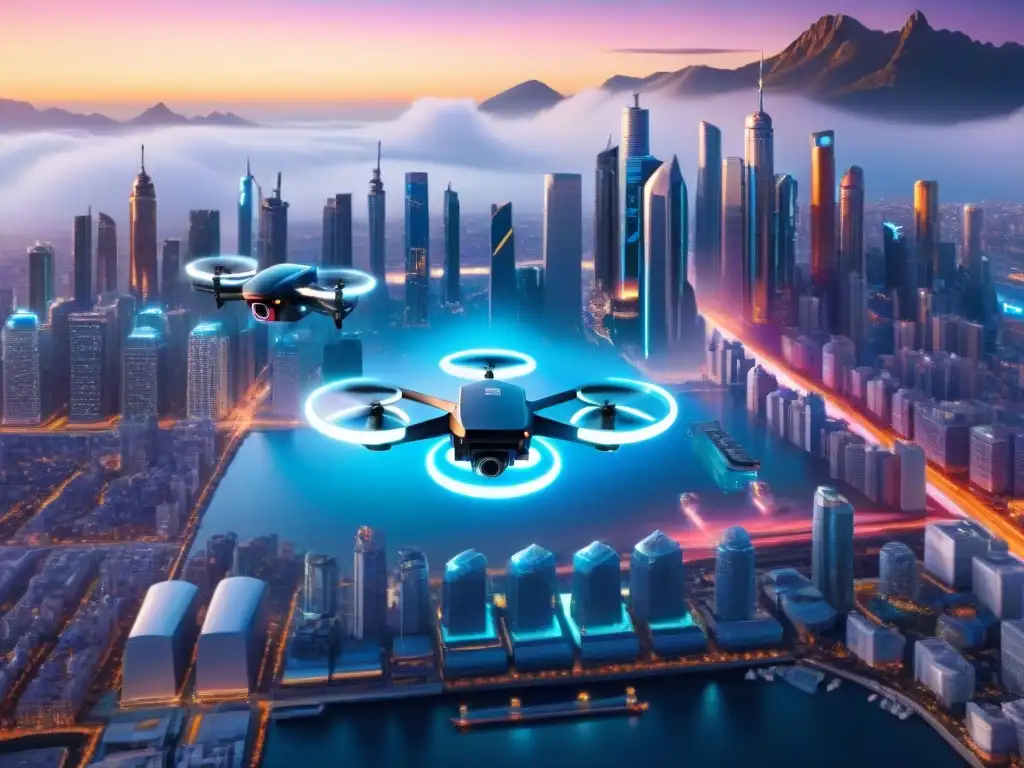 Un futuro distópico lleno de drones tecnológicos surcando el cielo de una ciudad futurista