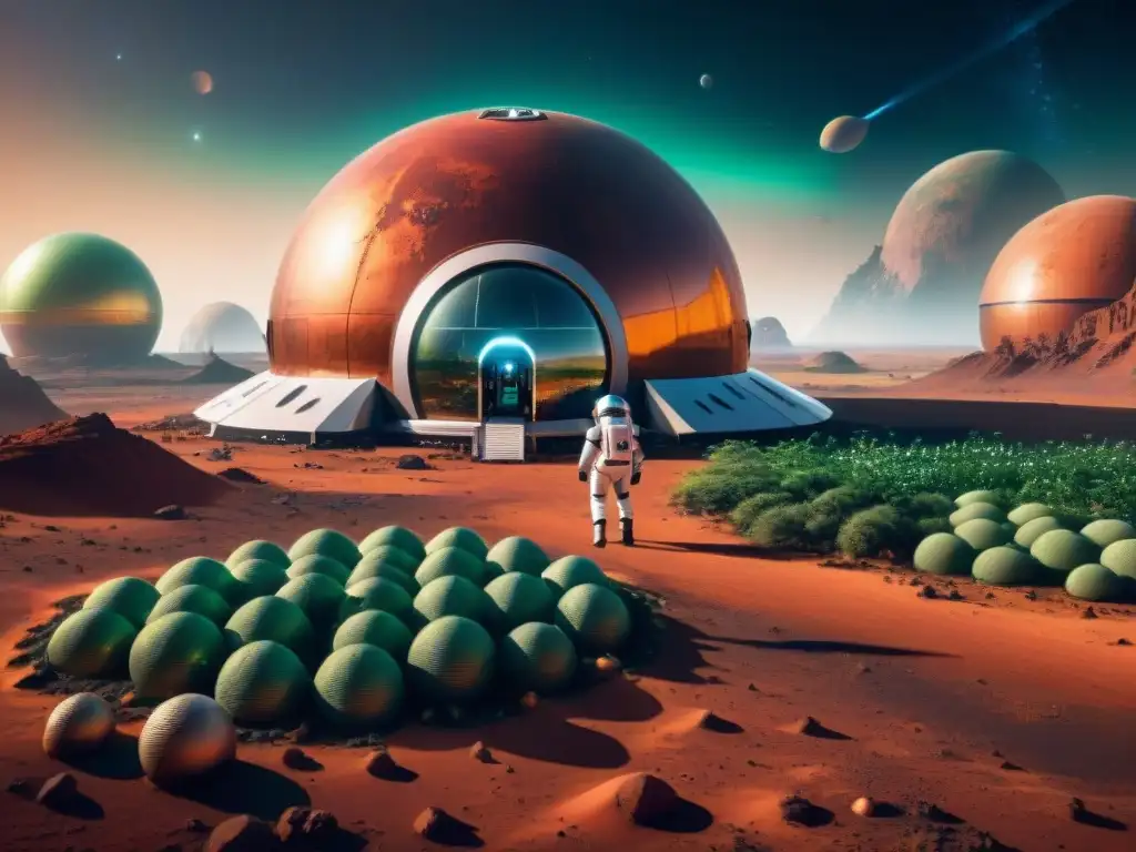 Un futuro de colonización espacial: colonia futurista en Marte con biodomos y astronautas investigando