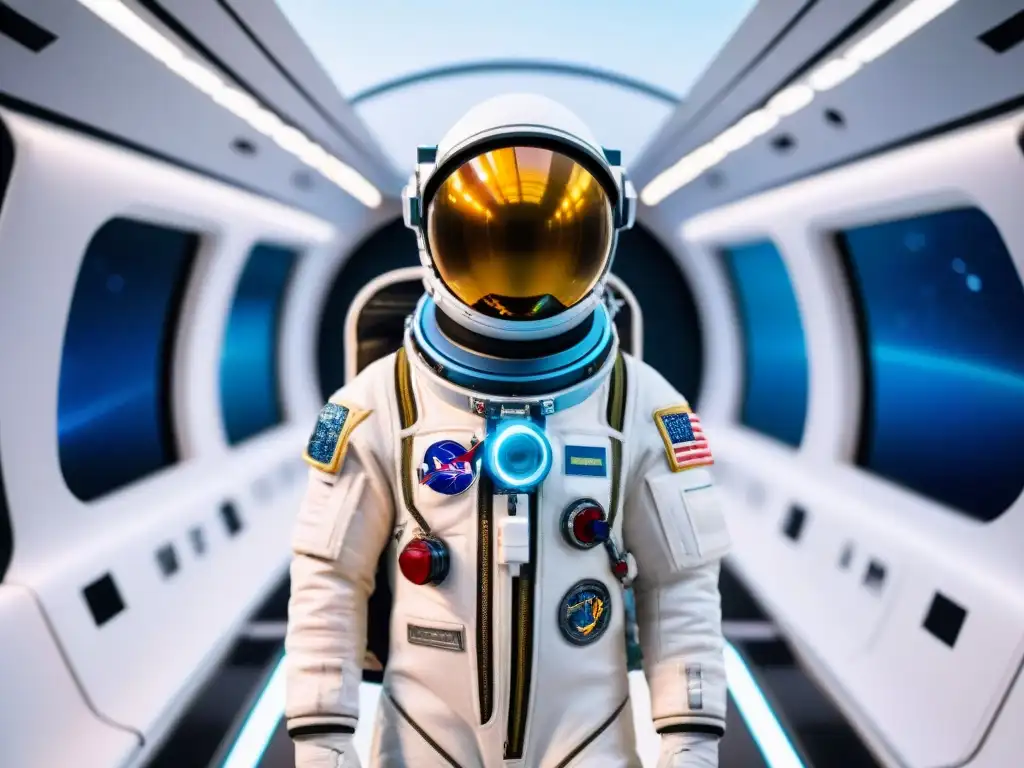 En el futuro, la moda espacial evoluciona con trajes de astronauta sostenibles y tecnológicos en una estación espacial bulliciosa