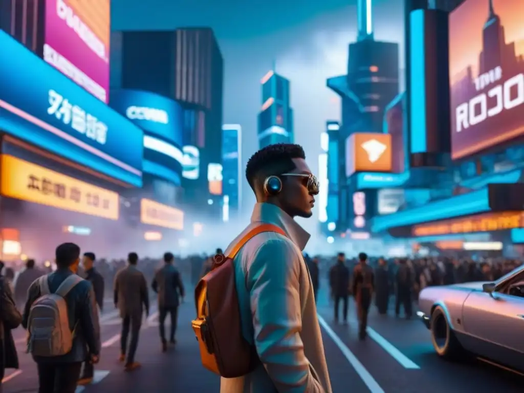 Visión crítica del futuro tecnológico y la sociedad en una ciudad cyberpunk nocturna