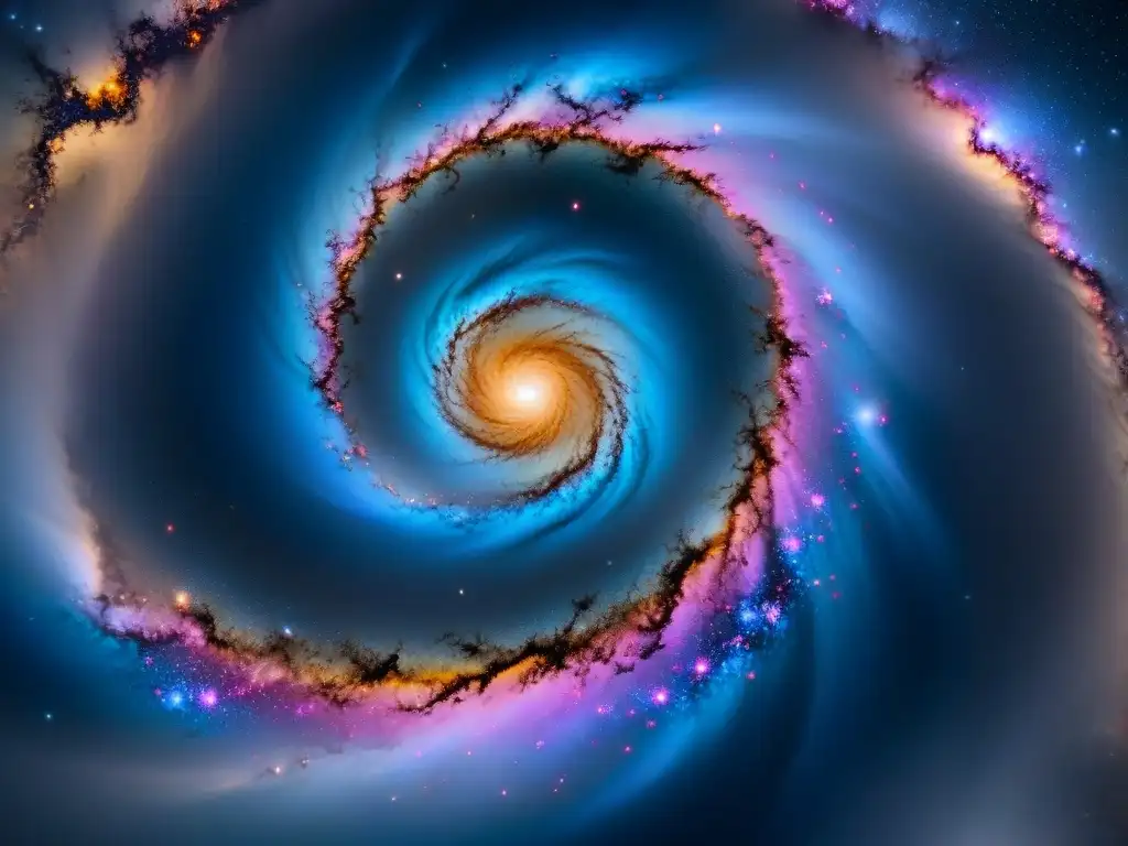 Una galaxia espiral con colores vibrantes y detalles intrincados, en un cosmos vasto