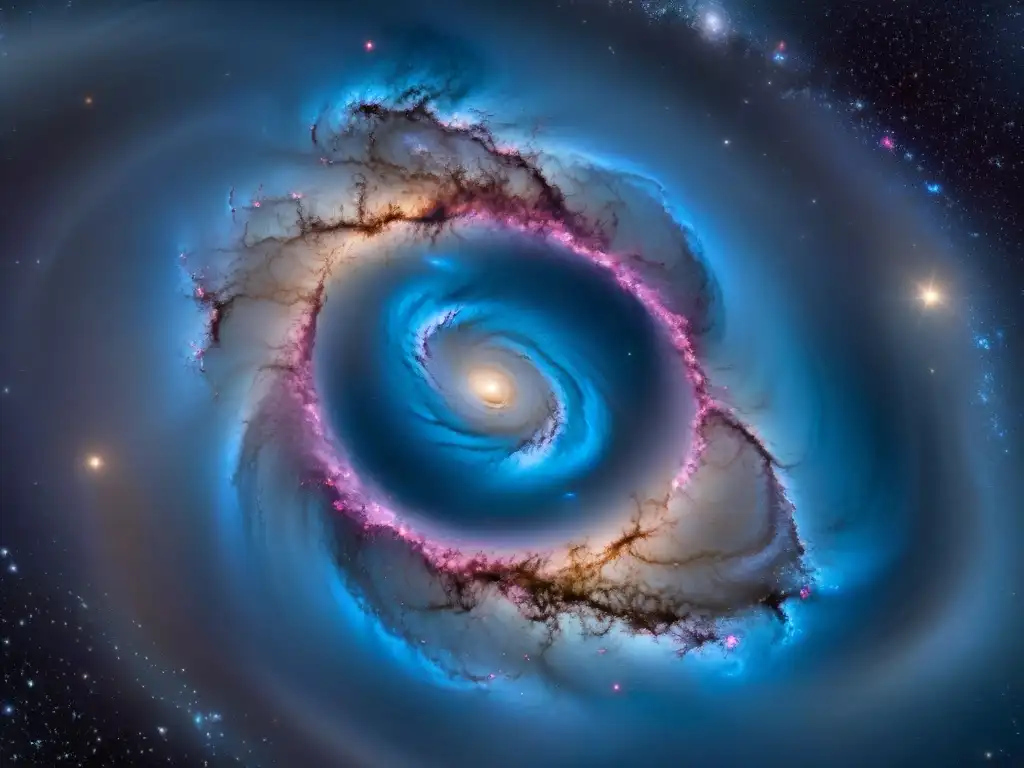 Una galaxia en espiral con colores vibrantes y misterios por descubrir en el universo, reflejando la búsqueda de agua líquida