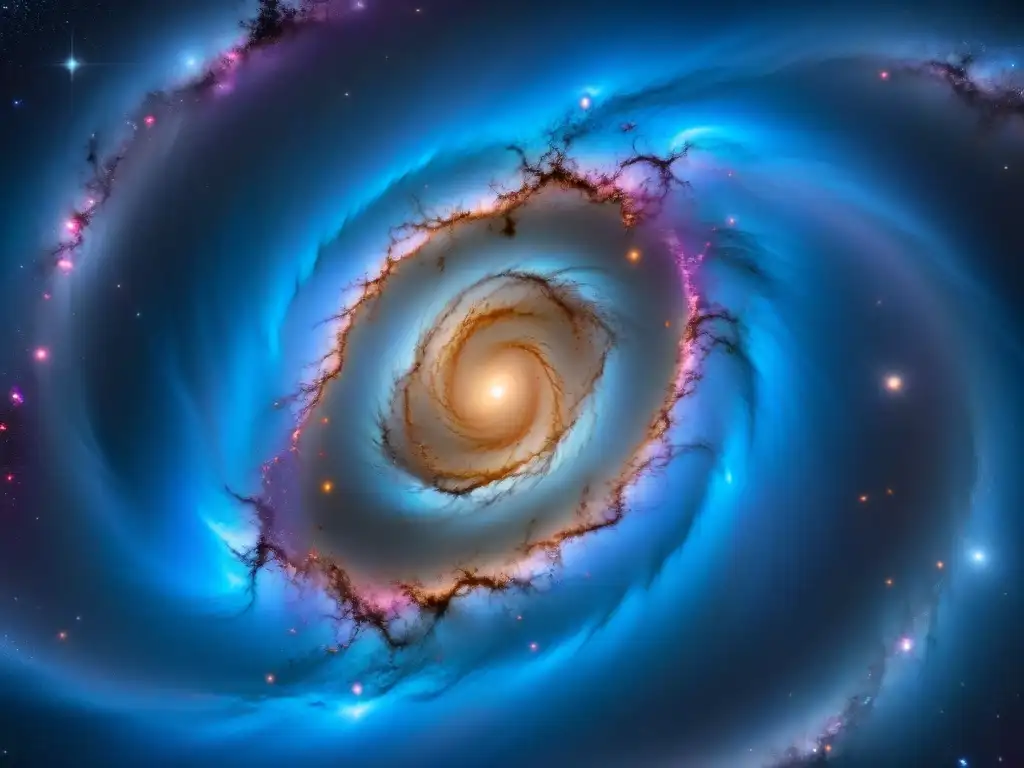 Una galaxia espiral detallada con materia interestelar en sistemas estelares, mostrando hermosos colores y formación de estrellas