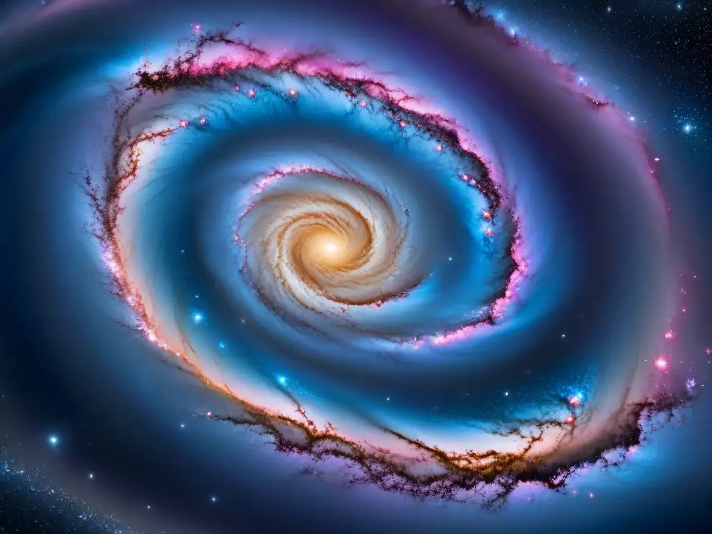 Una galaxia espiral detallada con tonos azules, rosas y morados, mostrando polvo interestelar y estrellas brillantes en un paisaje cósmico