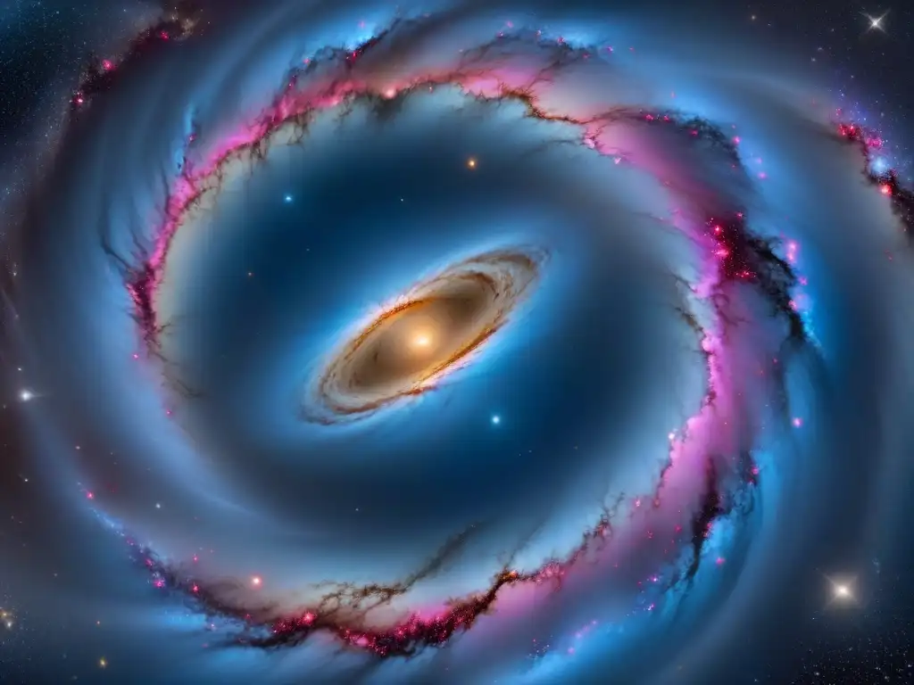 Una galaxia espiral con detalles fascinantes de formación de galaxias por estrellas en tonos rosados y azules, en un baile cósmico