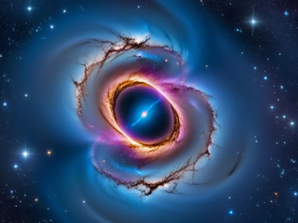 Una galaxia estrellada en azul, rosa y morado con estructuras moleculares, fusionando química orgánica y astrobiología