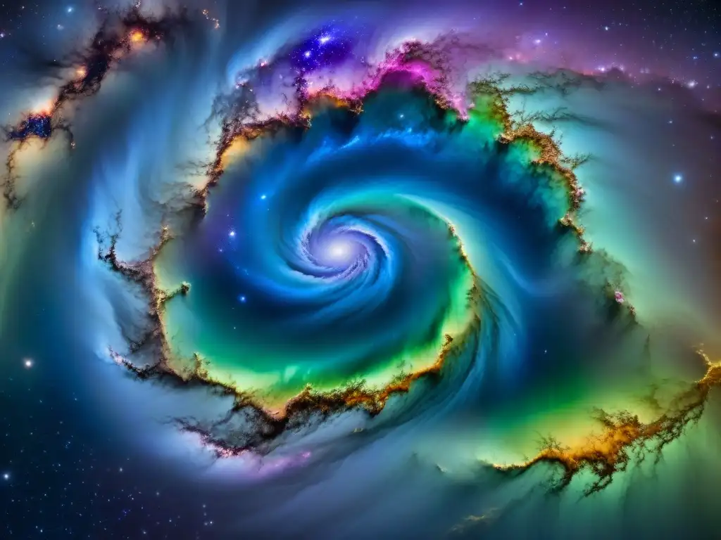 Galaxia espiral: maravillas cósmicas en tonos vibrantes Una galaxia hipnótica en tonos azules, violetas y rosas, rodeada de estrellas brillantes y nebulosas místicas