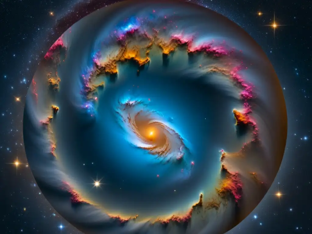 Galaxia lejana capturada por telescopio, con colores vibrantes y detalles intrincados en brazos galácticos y formaciones celestiales