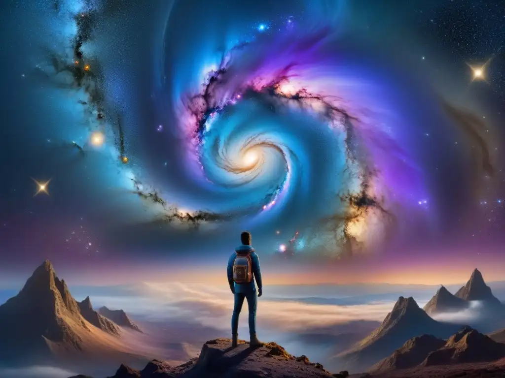 Galaxia cósmica: un viaje de maravilla y exploración Una galaxia vasta llena de nebulosas, estrellas y planetas, en un lienzo cósmico