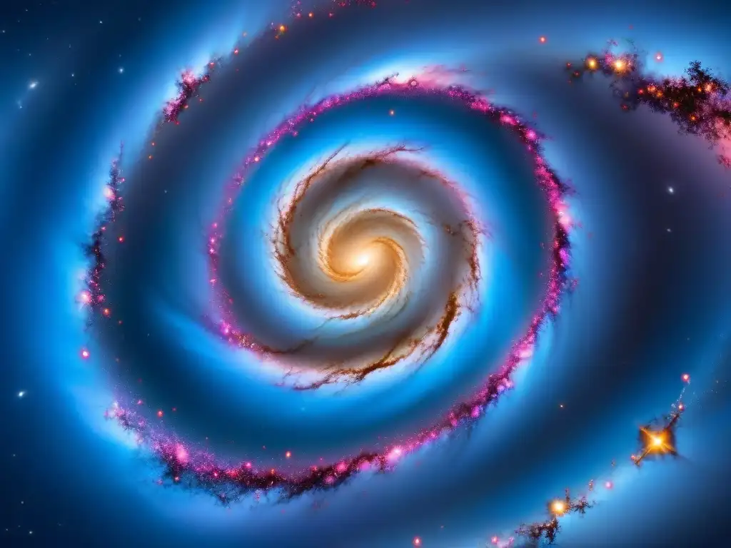 Una galaxia espiral vibrante en tonos azules, morados y rosas, con estrellas brillantes y un resplandor cálido en su núcleo