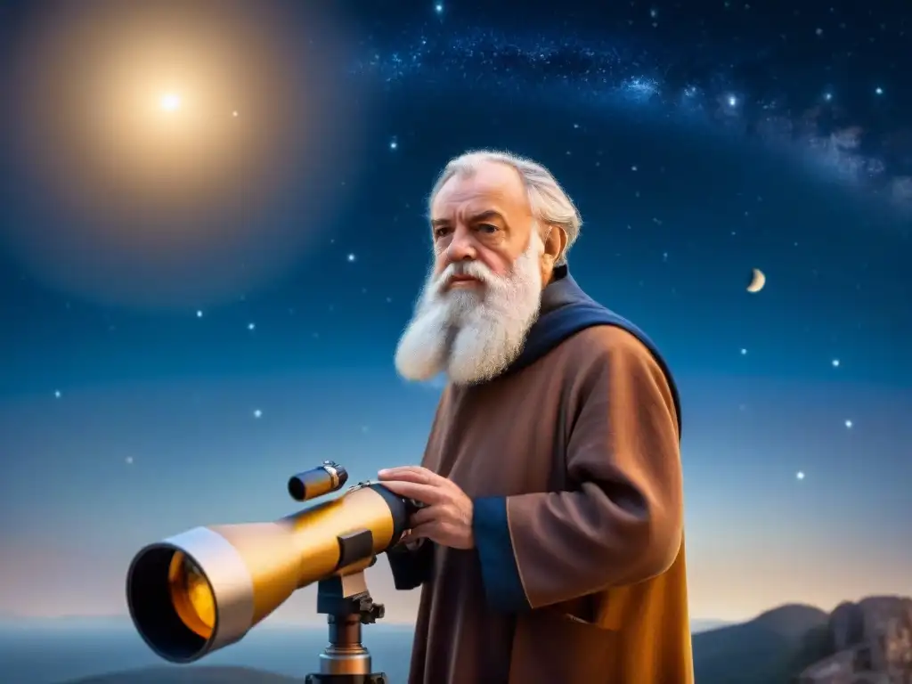 Galileo Galilei maravillado con su telescopio, observando las estrellas por primera vez