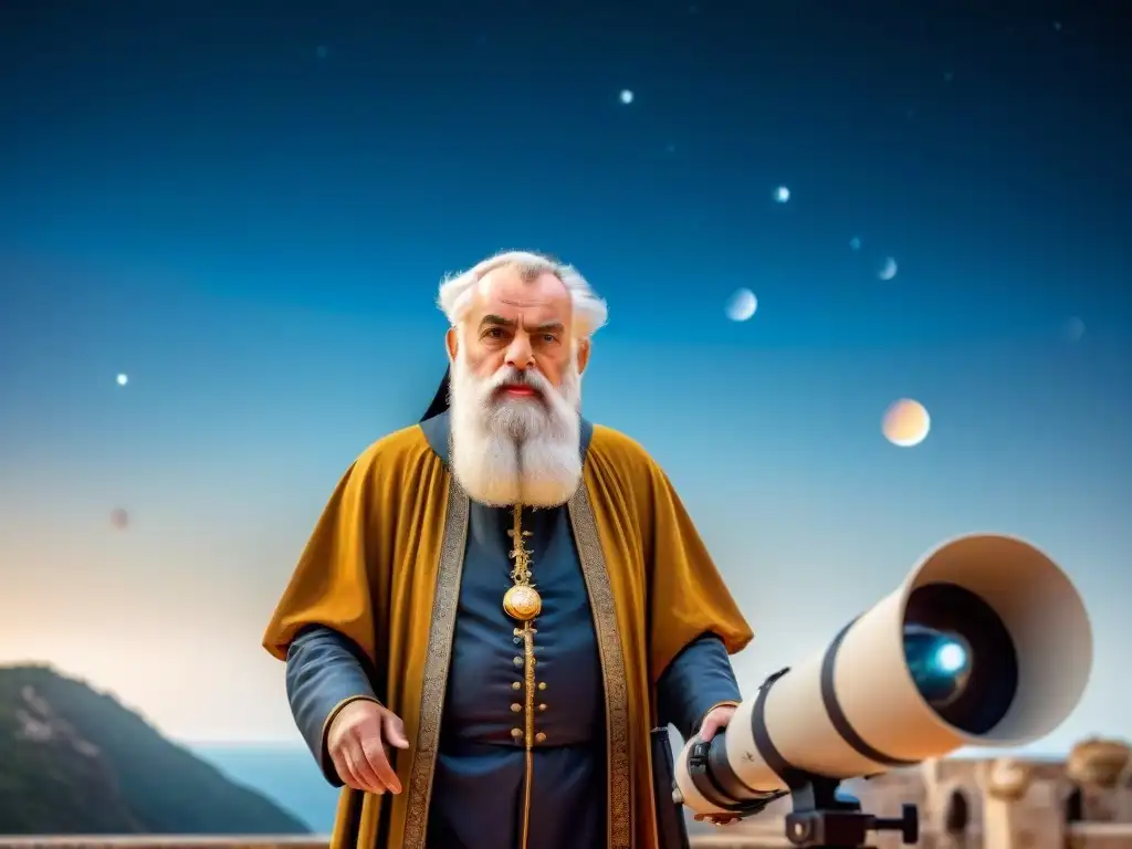 Galileo Galilei observa por primera vez las lunas galileanas, reflejando asombro y descubrimiento en su rostro bajo el cielo nocturno estrellado