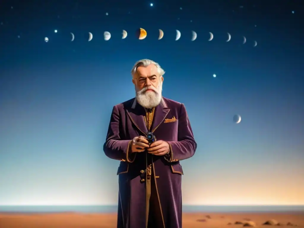 Galileo Galilei descubre los secretos de Júpiter a través de su telescopio, revelando asombro y descubrimiento en su rostro