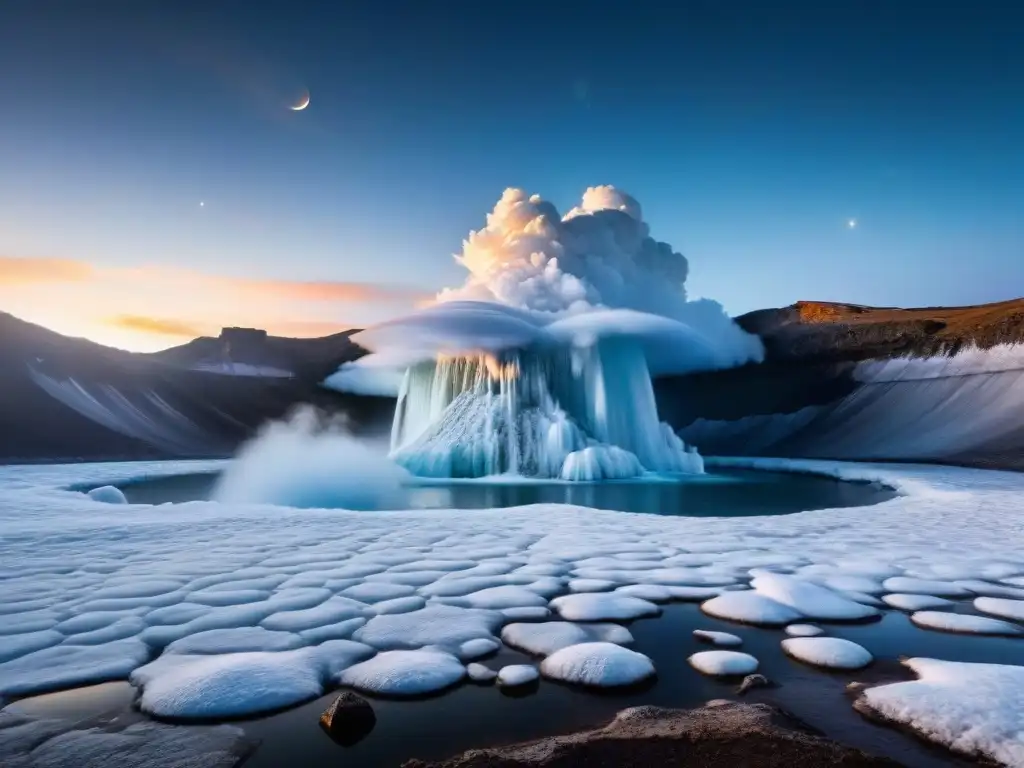 Geíseres de Encélado en Marte: Majestuosos chorros de hielo iluminados por el sol, flotando en el espacio contra Saturno y sus anillos