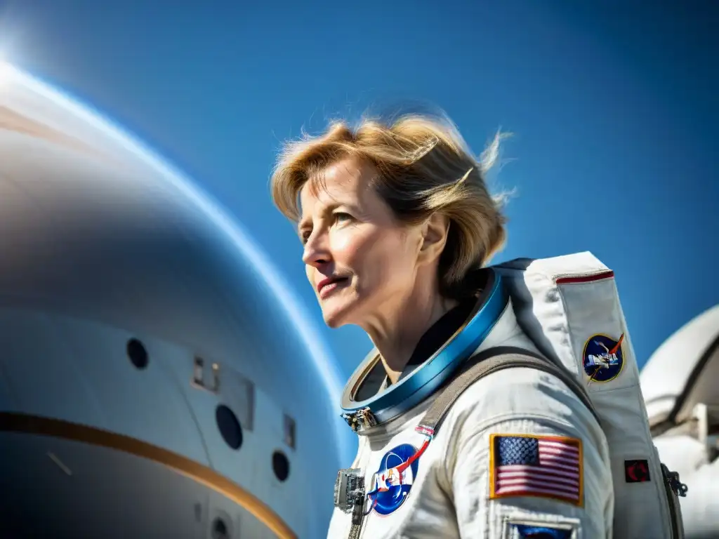 Eileen Collins Barrera del Género contempla el espacio desde el Discovery, con la Tierra de fondo, en una imagen detallada y emotiva