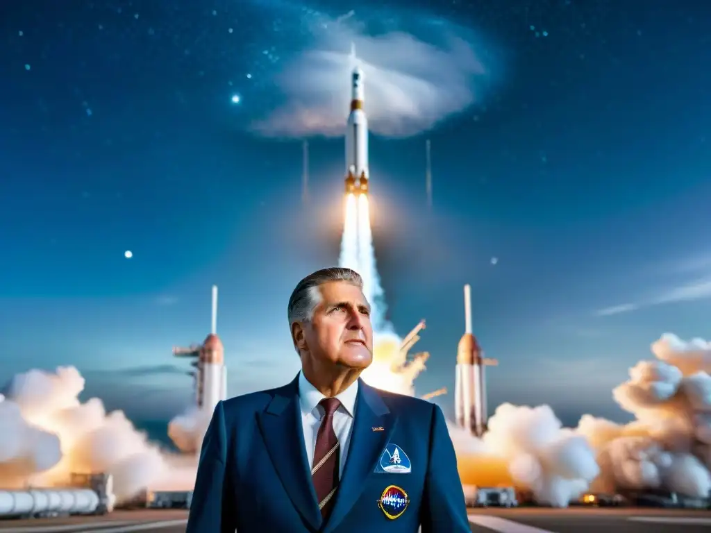 Un genio espacial polémico, Wernher von Braun, se destaca frente a un cohete masivo, admirando las estrellas con determinación y asombro