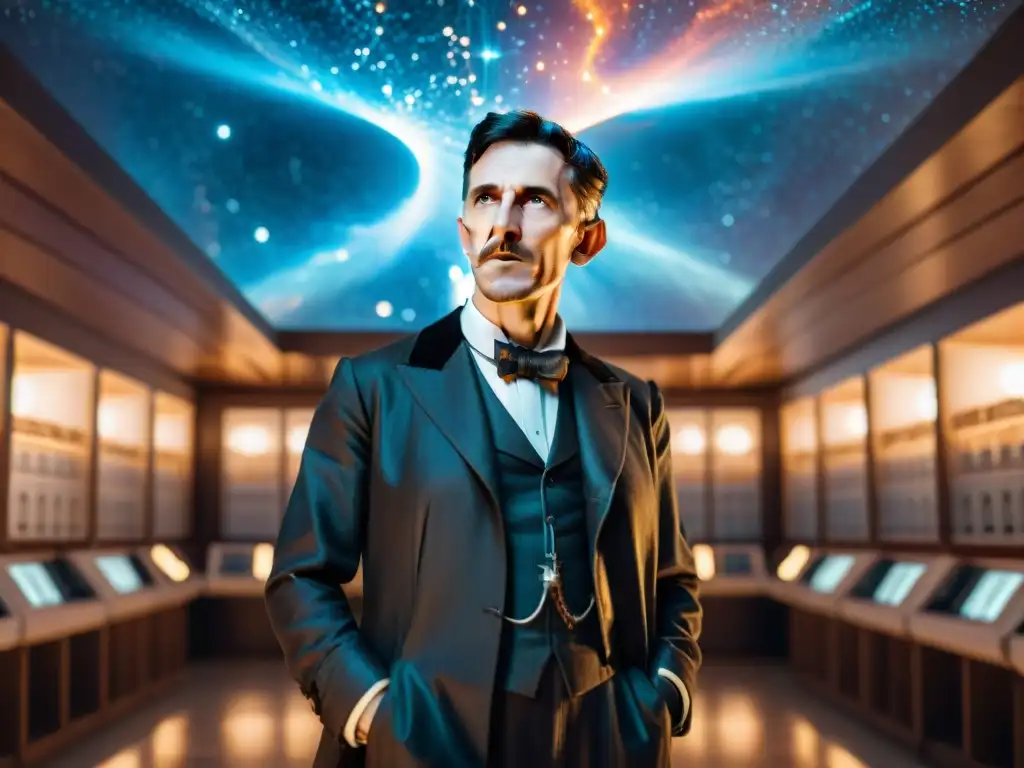 El genio de Nikola Tesla inmerso en su laboratorio futurista, conectando teorías eléctricas con el cosmos