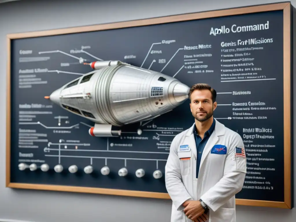 Genio de la NASA diseñando módulo Apollo: detalle asombroso Maxime Faget, genio de las misiones espaciales, diseñando con precisión el Módulo de Comando y Servicio del Apolo, rodeado de notas y modelos