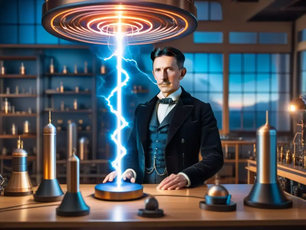 El genio olvidado Nikola Tesla en su laboratorio, rodeado de inventos futuristas y una bobina Tesla gigante crepitando electricidad