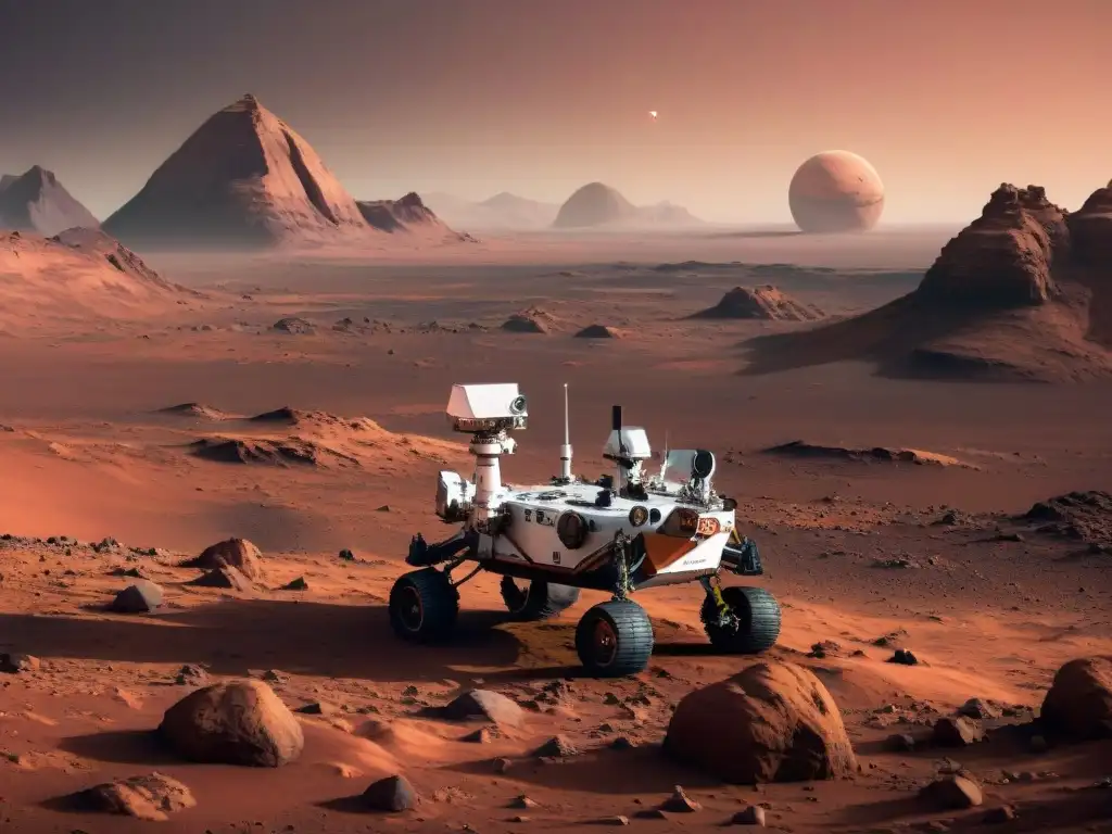 Explora la geología de Marte y ciencia con este paisaje marciano: formaciones rocosas, cañones y un rover recopilando datos bajo un cielo rosado