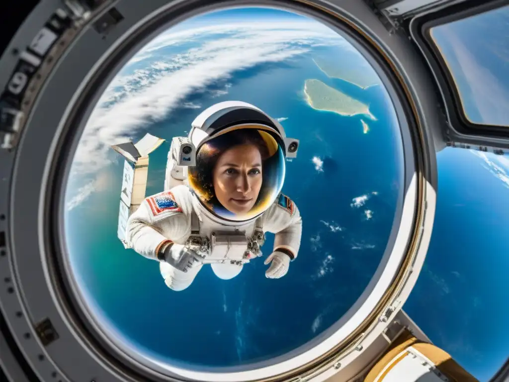 Anna Lee Fisher astronauta madre flota con gracia en la Estación Espacial Internacional, contemplando la belleza de la Tierra desde el espacio