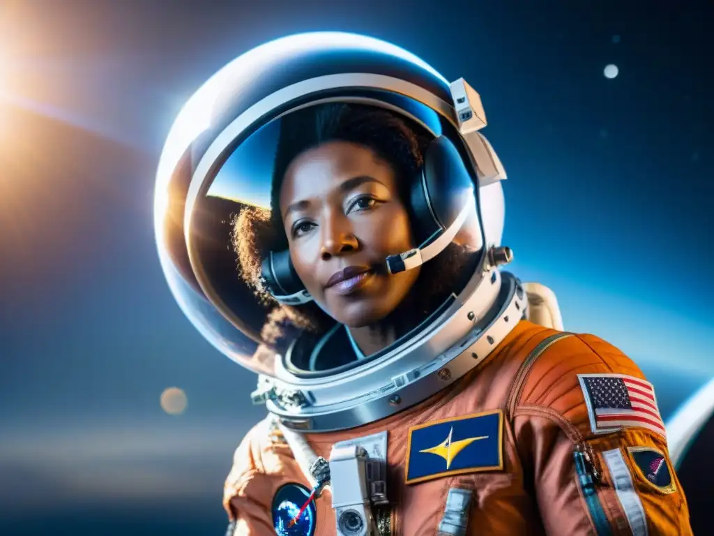 Mae Jemison flotando con gracia en el espacio, con la Tierra de fondo