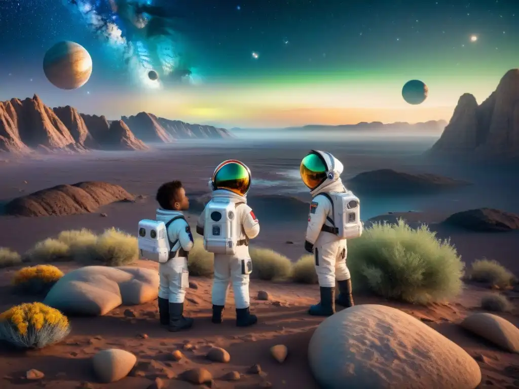 Un grupo de niños exploradores disfruta de actividades divertidas en un planeta alienígena simulado