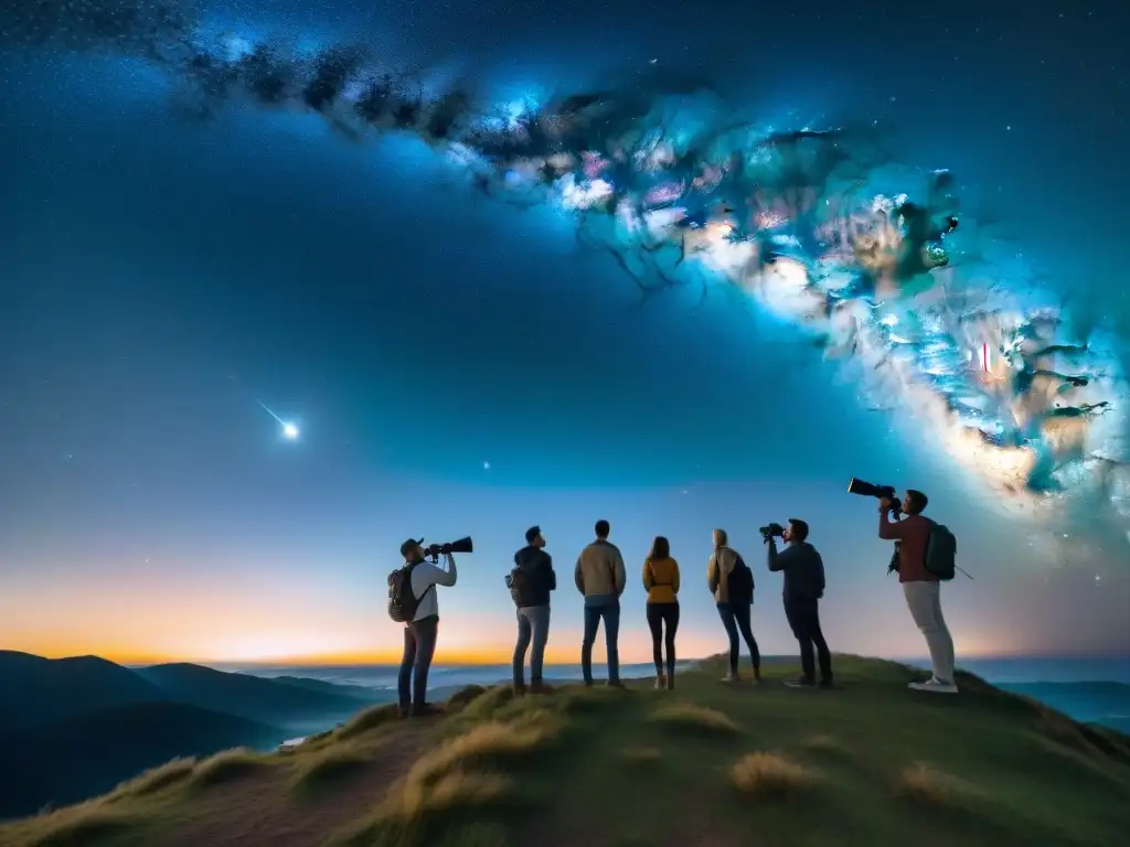 Grupo de aficionados a la astronomía observando el cielo estrellado con la Vía Láctea de fondo, inspirando a explorar