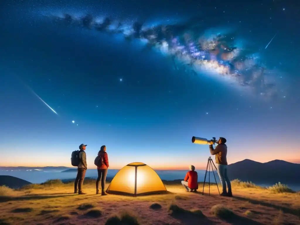 Un grupo de aficionados a la astronomía maravillados por una estrella fugaz, iluminados por lámparas y el cielo estrellado