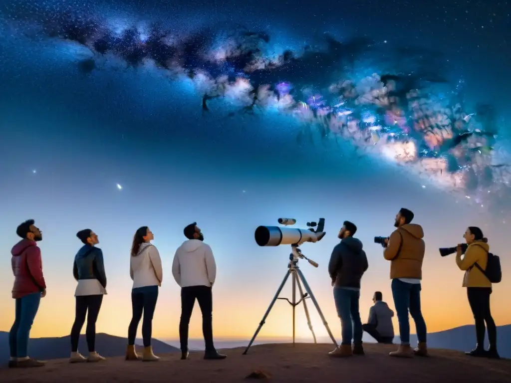 Un grupo de aficionados a la astronomía se reúne alrededor de un telescopio, admirando la belleza del cielo estrellado y la Vía Láctea