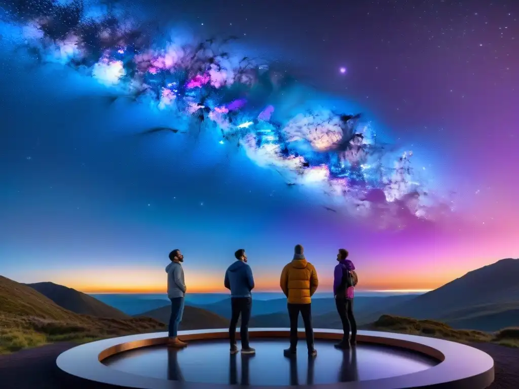 Un grupo de apasionados astrofísicos observa una galaxia espiral bajo el cielo estrellado