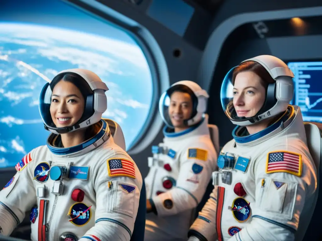 Grupo de aspirantes astronautas en entrenamiento intenso dentro de una nave espacial simulada, en cursos para aspirante astronauta