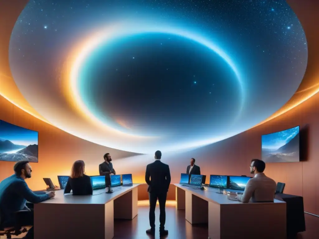 Grupo de astrofísicos en observatorio moderno, discutiendo sobre galaxias