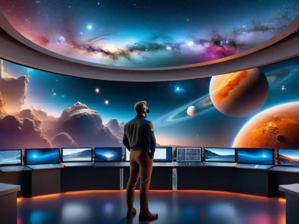 Grupo de astrofísicos en sala de control de observatorio, colaborando en proyecto de vanguardia
