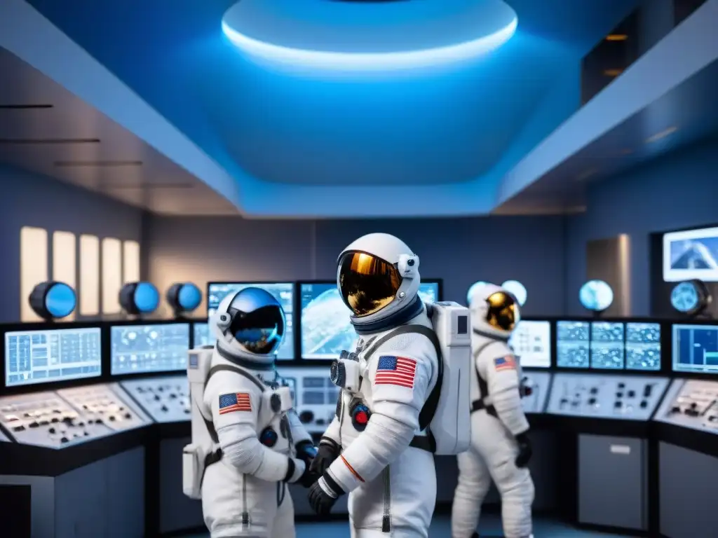 Grupo de astronautas aspirantes en entrenamiento académico en instalación de simulaciones espaciales futurista, ambiente emocionante