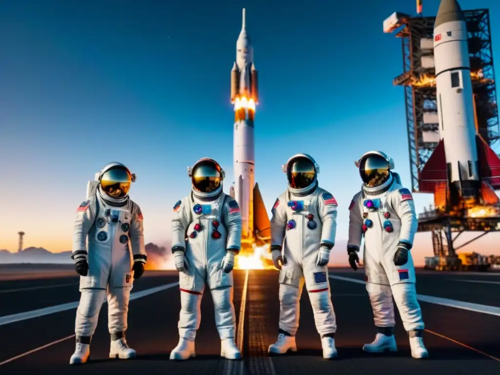 Un grupo de astronautas diversos frente a un cohete en una plataforma de lanzamiento, simbolizando la cooperación en la Carrera espacial siglo XXI