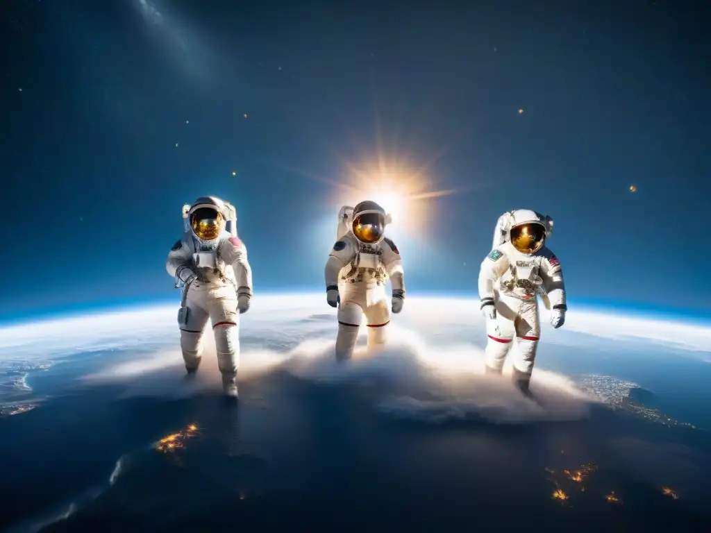 Grupo de astronautas flotando en el espacio, con la Tierra de fondo y trajes detallados, capturando la exploración del universo más allá