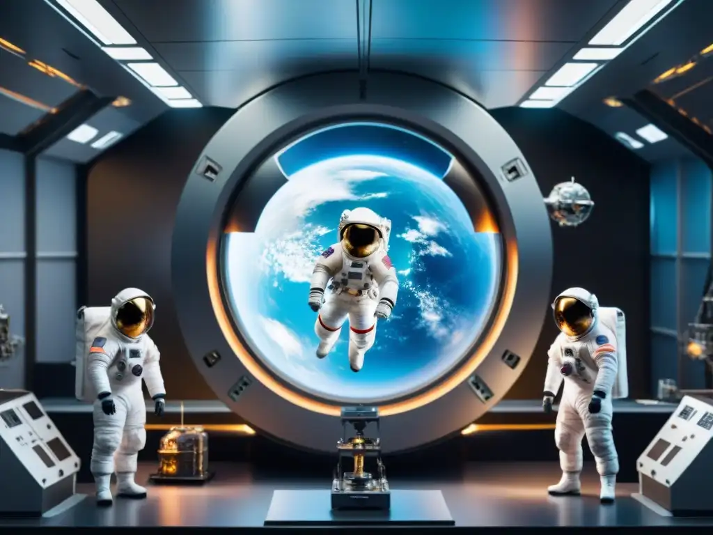 Exploración espacial: Astronautas en laboratorio de gravedad cero Grupo de astronautas realizando experimentos en gravedad cero dentro de una estación espacial