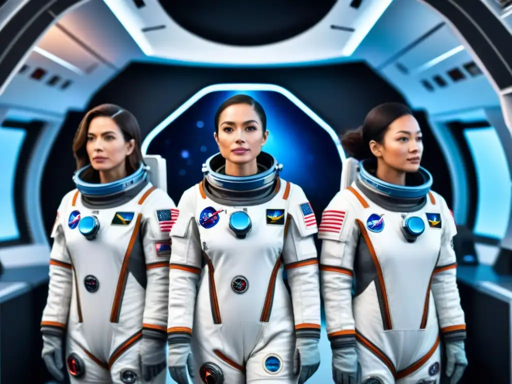 Avanzada tecnología para astronautas femeninas en el espacio Un grupo de astronautas femeninas en trajes espaciales adaptados, seguras frente a la nave espacial futurista