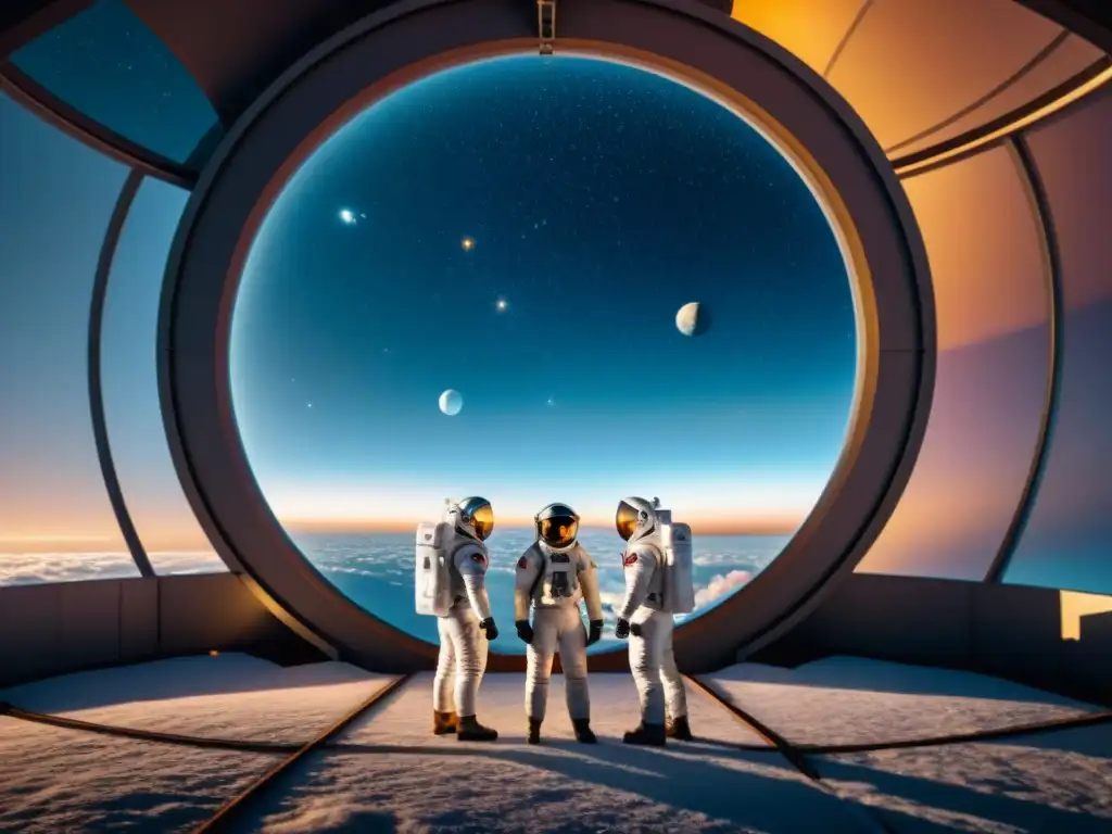 Un grupo de astronautas en trajes espaciales frente a un telescopio gigante, rodeados de una estación espacial futurista en el universo