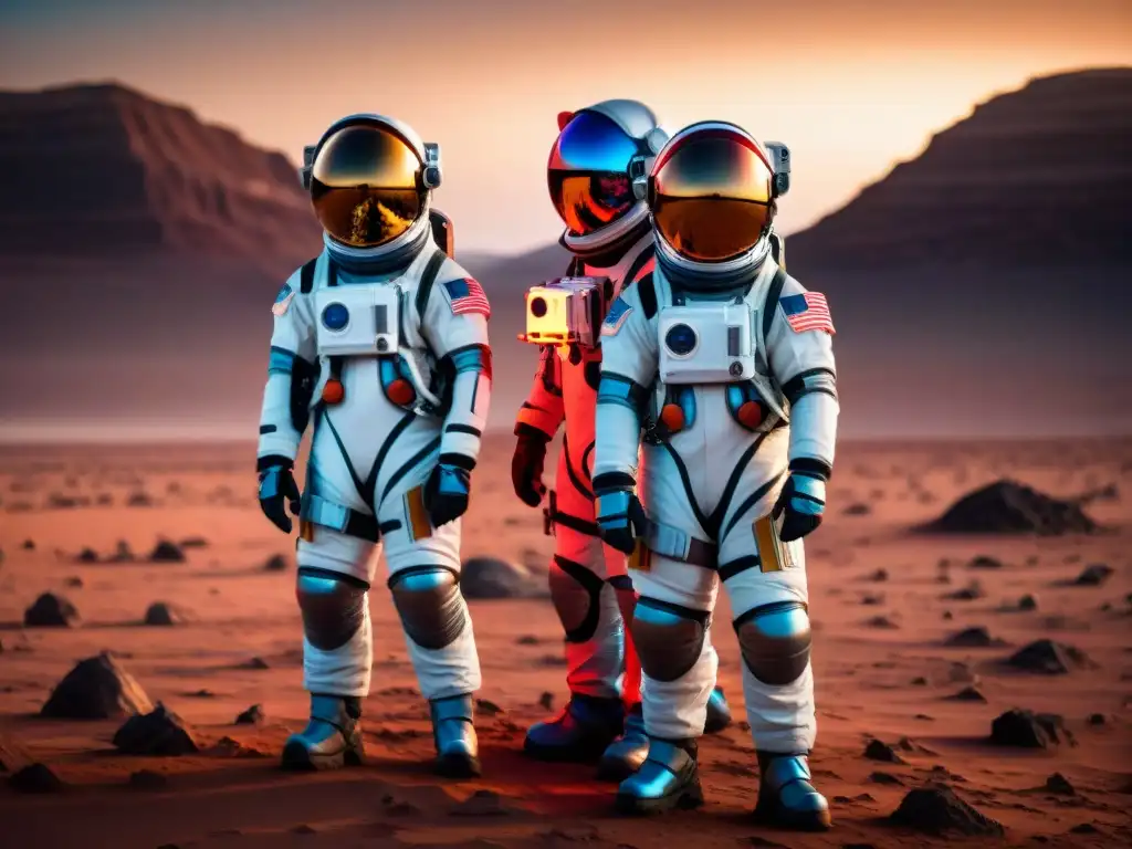 Un grupo de astronautas en trajes espaciales futuristas en Marte al atardecer