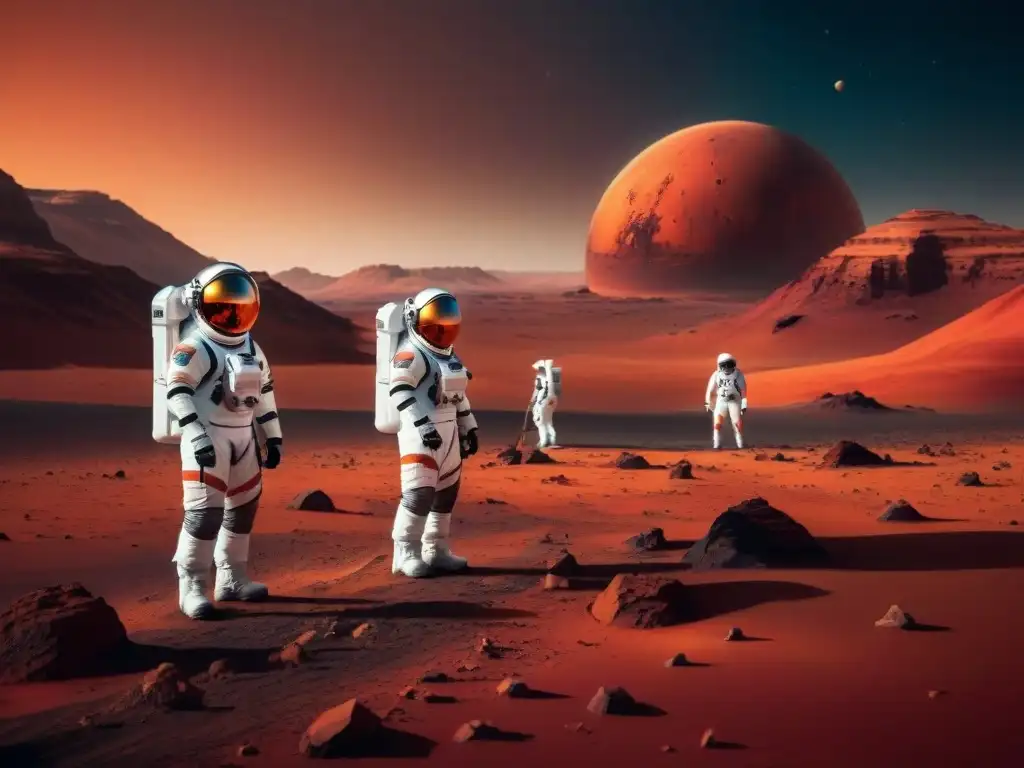Grupo de astronautas en trajes espaciales futuristas realizando experimento científico en Marte, preparación para misión a Marte