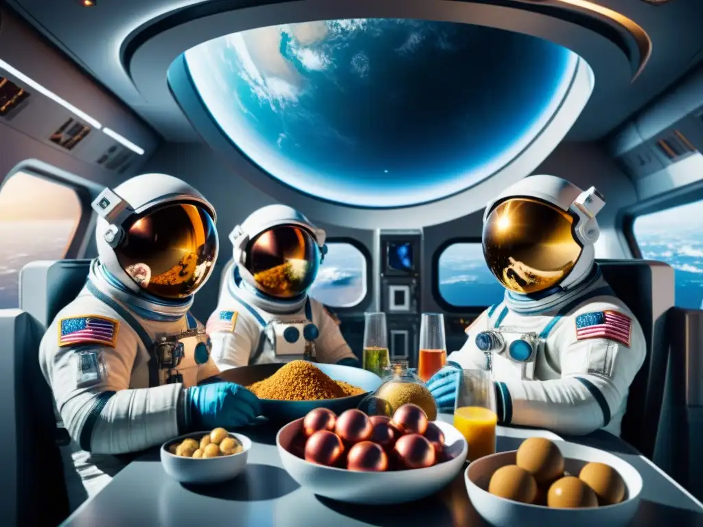 Un grupo de astronautas en trajes espaciales futuristas disfruta de comida espacial rodeados de nutrientes en el espacio